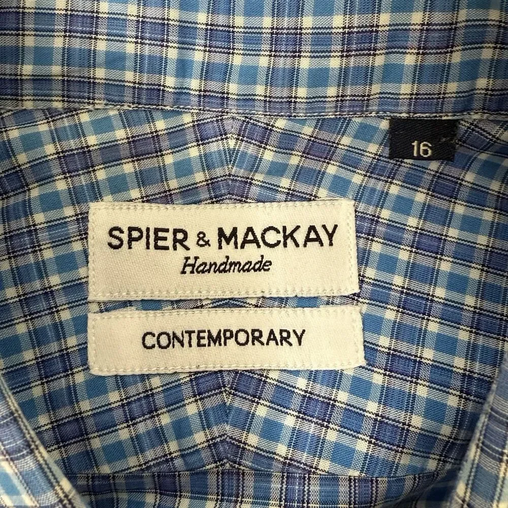Spier Mackay Shirt Mens 16 Blue Plaid Long Sleeve Handmade Contemporary Fit